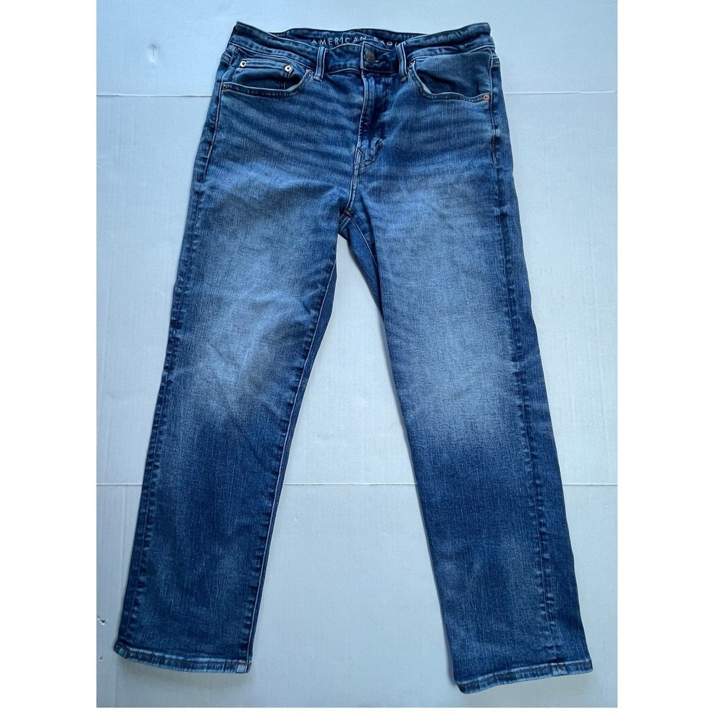 American Eagle Men Athletic Straight Airflex+ Jeans Dark Wash Denim Pants 32x30